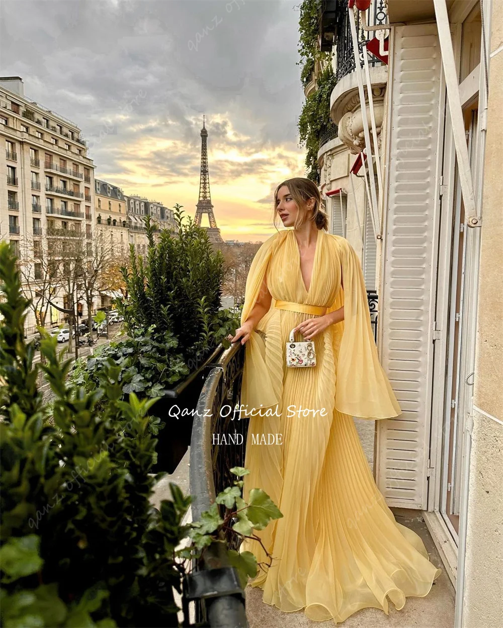 Qanz Yellow Elegant Organza Prom Dresses V Neck Pleat Long A Line Formal Occasion Dresses Luxury Evening Dress Customized