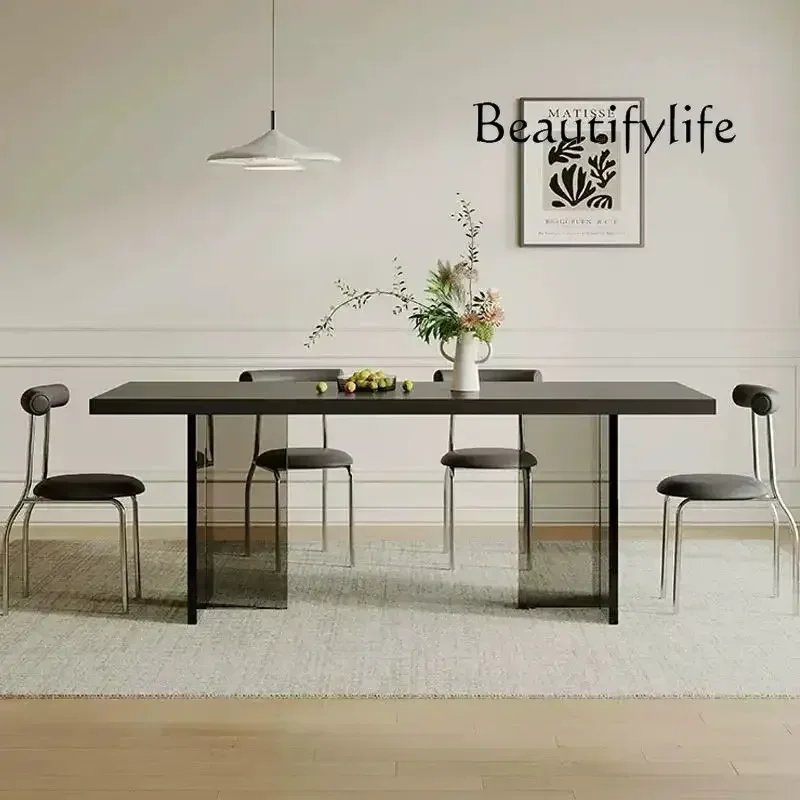 

N Acrylic rock slab dining table pure black light luxury modern simple hanging rectangular floating table