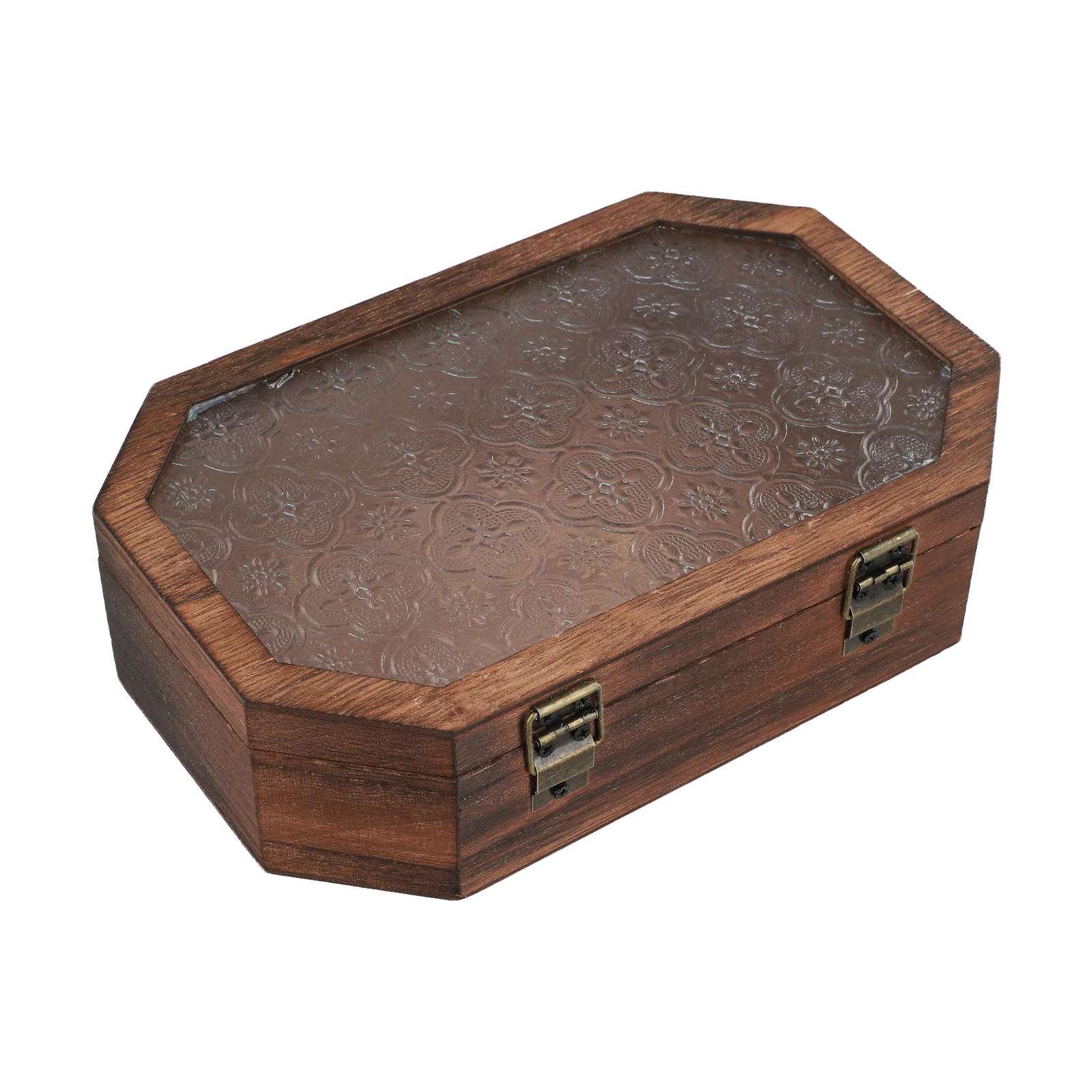 Decorative Octagonal Solid Wood Box with Begonia Flower Glass Accent for Vanity Desk Organization and Stylish Room Enhancement