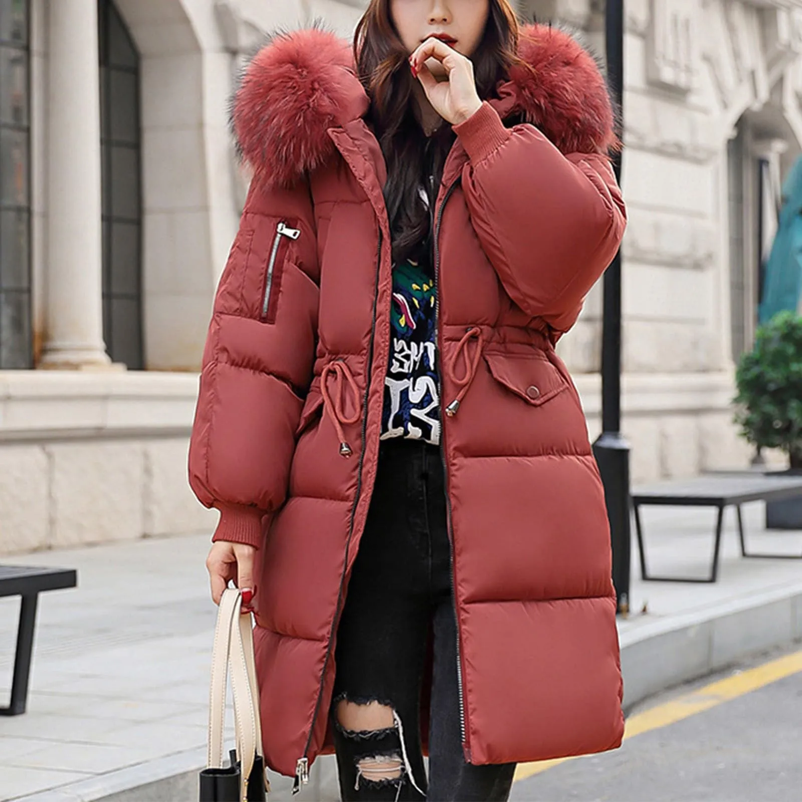 Fashion Big Faux Fur Collar Long Padded Jacket Women Drawstring Lightweight Slim Quilted Coats Full Zip Solid Color Padded