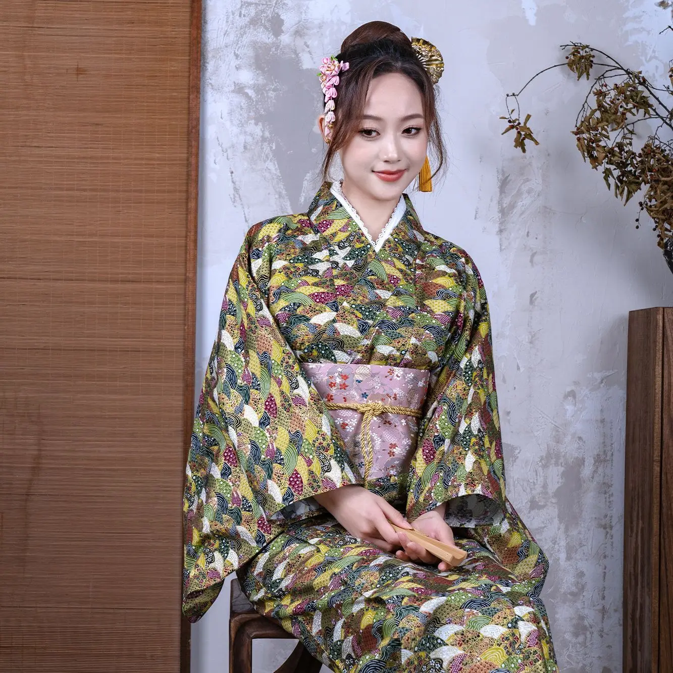 Hanada Green Self-Kimono متجر النص الياباني كيمونو المرأة موسم التصوير الفوتوغرافي تحسين البشكير