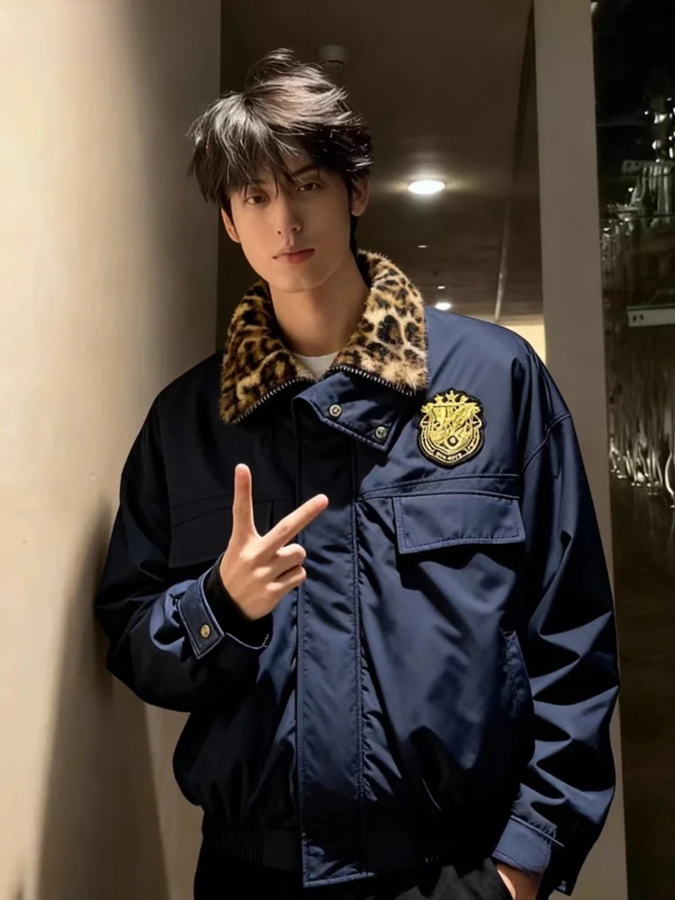 

Double-Sided American Bomber Jaet with Fur Collar Men's Winter Warm Fce Lined Cotton Coat Leopard Print oulder Enhancing