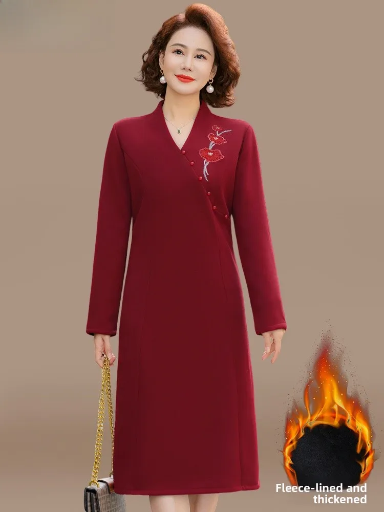 

Зимнее модное утепленное платье для мам среднего и старшего возраста, элегантное миди-платье с V-образным вырезом в корейском стиле