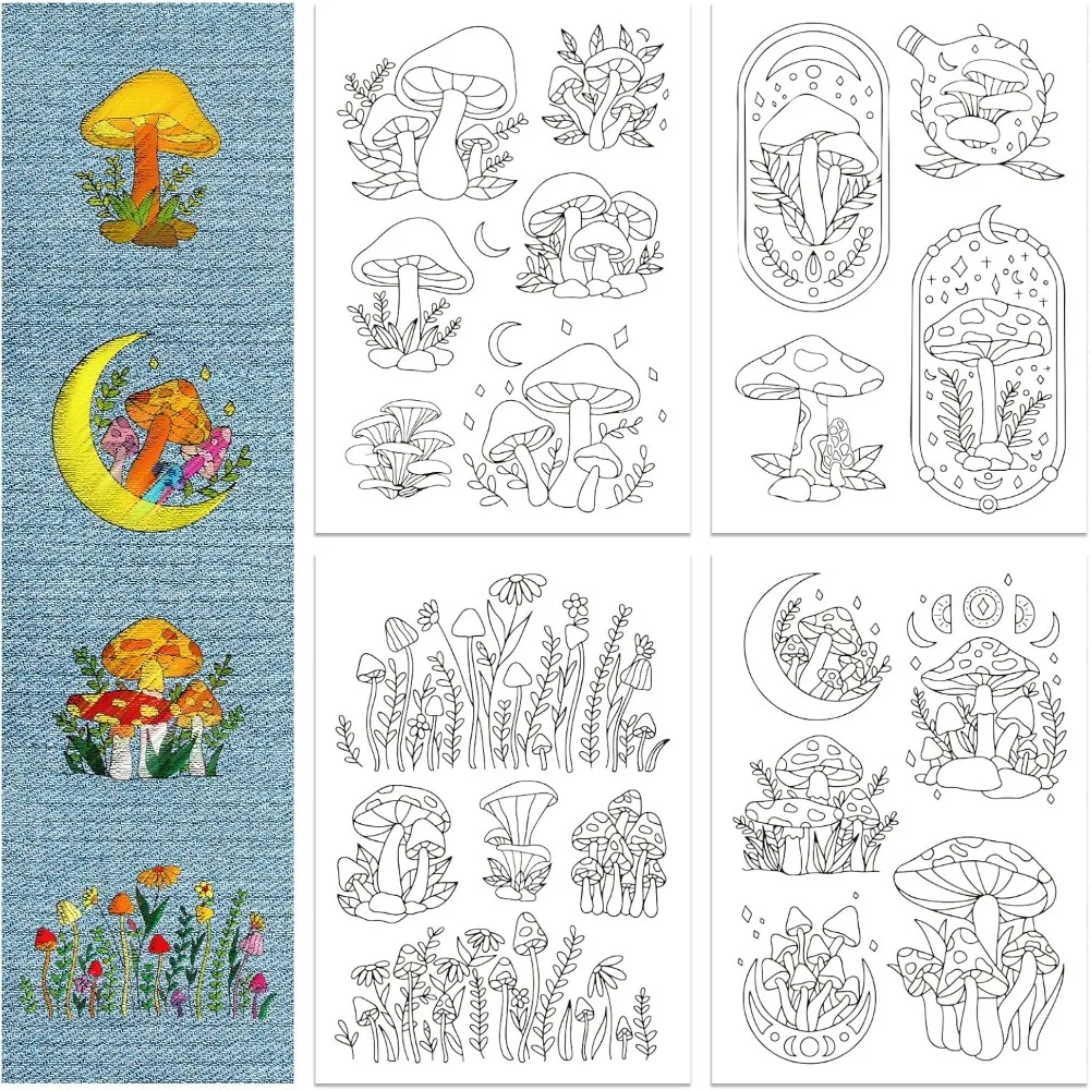 4 Sheets Mushroom Plants Water Soluble Stabilizer Hand Sewing Stabilizers with Pre Printed Stick and Stitch Self Adhesive Wash