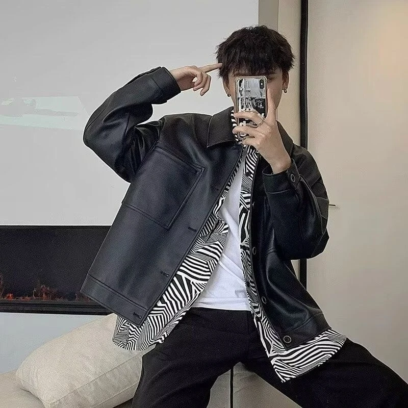 سترة رجالية من جلد البولي يوريثان بتصميم هونج كونج بتصميم كلاسيكي فضفاض مناسب لراكبي الدراجات النارية مع طية صدر السترة ملابس خارجية عصرية للربيع والخريف #4