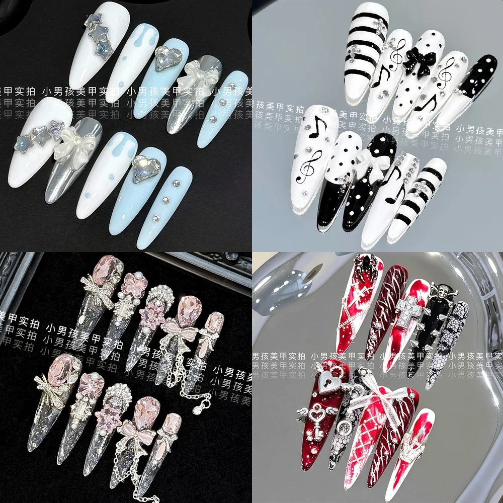 

Spice Girl Luxury Long Stiletto Handmade Press On Nail Shining Diamond Bowknot Musical Notes Pearl Flowers Wearable Fake Nails
