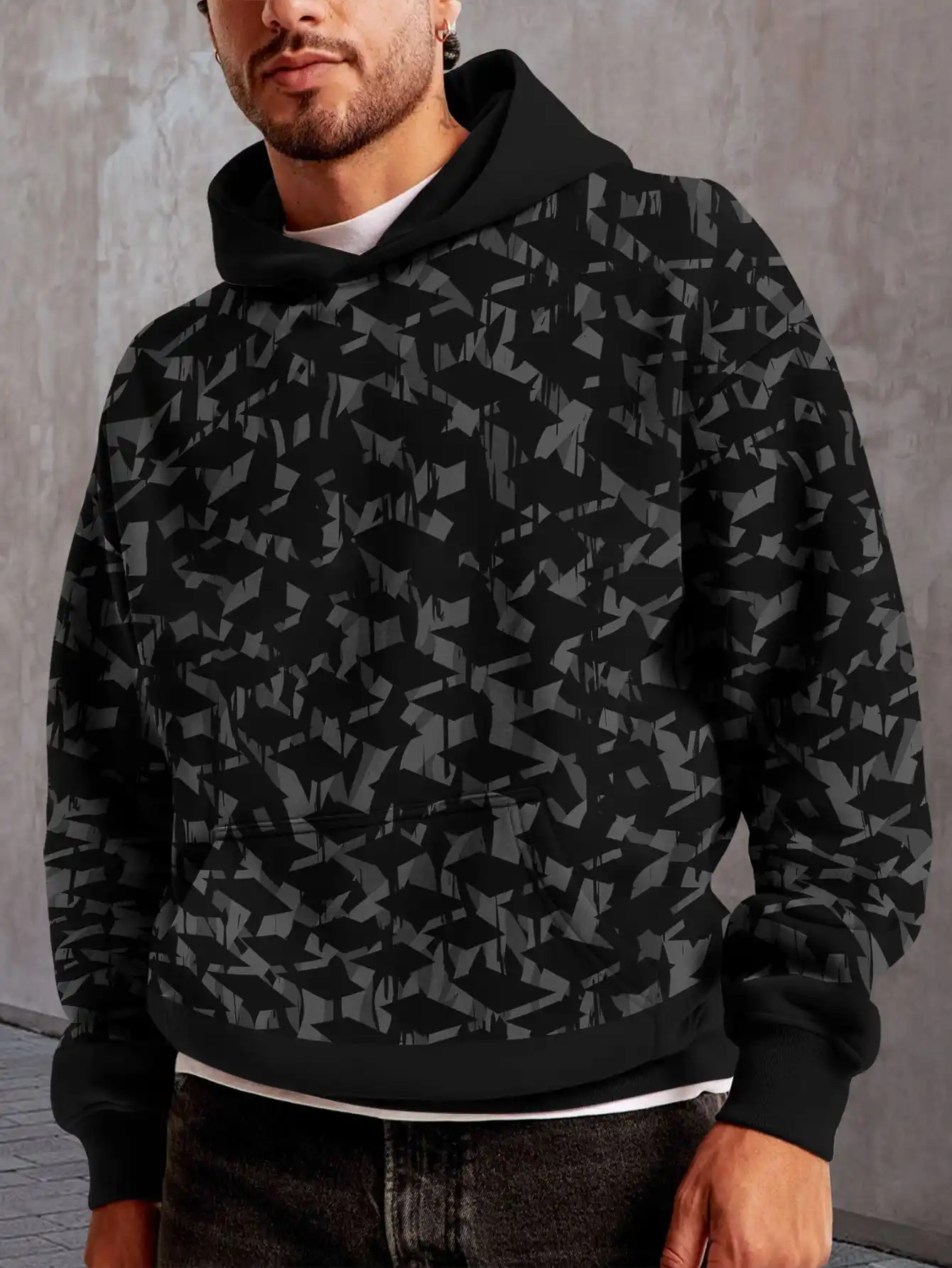 

Cool camouflage style 3D print hoodie outdoor black stripe stitching camouflage pattern hooded sweatshirt casual street style