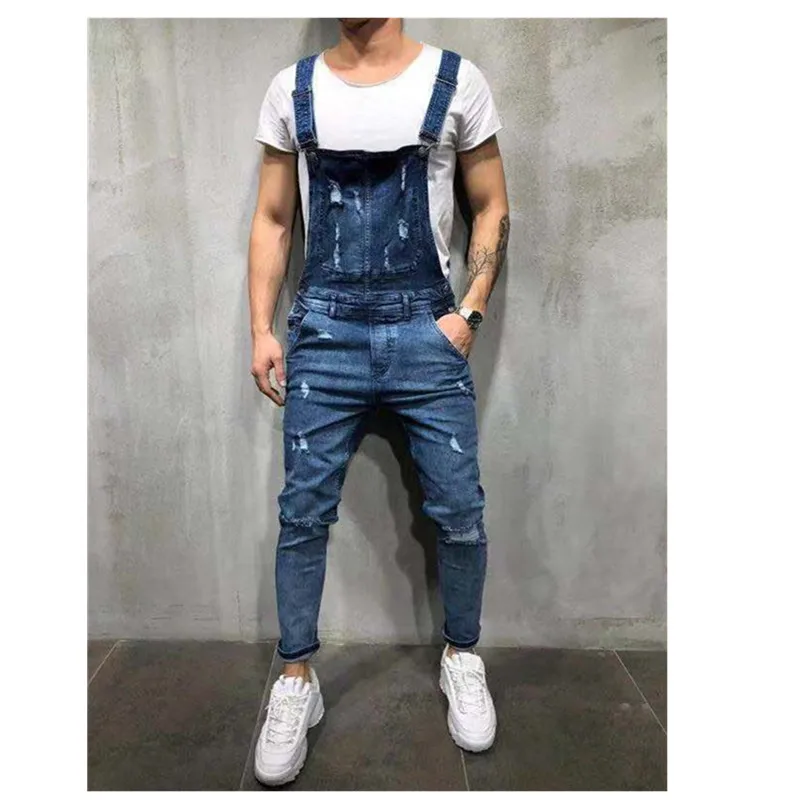 New Fashion Men's Jeans Overalls High Street Ripped Denim Jumpsuits Hip Hop Men Cargo Bib Pants Cowboy Male Jean Dungarees 2023