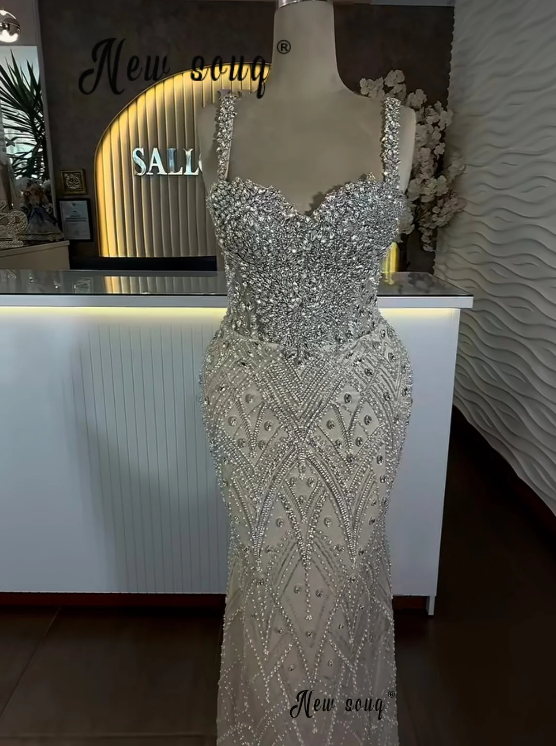 Silver Nude Champagne Prom Dresses Straps Mermaid Floor Length Wedding Party Gowns Arabic Customized Pageant Night Evening Dress view 2