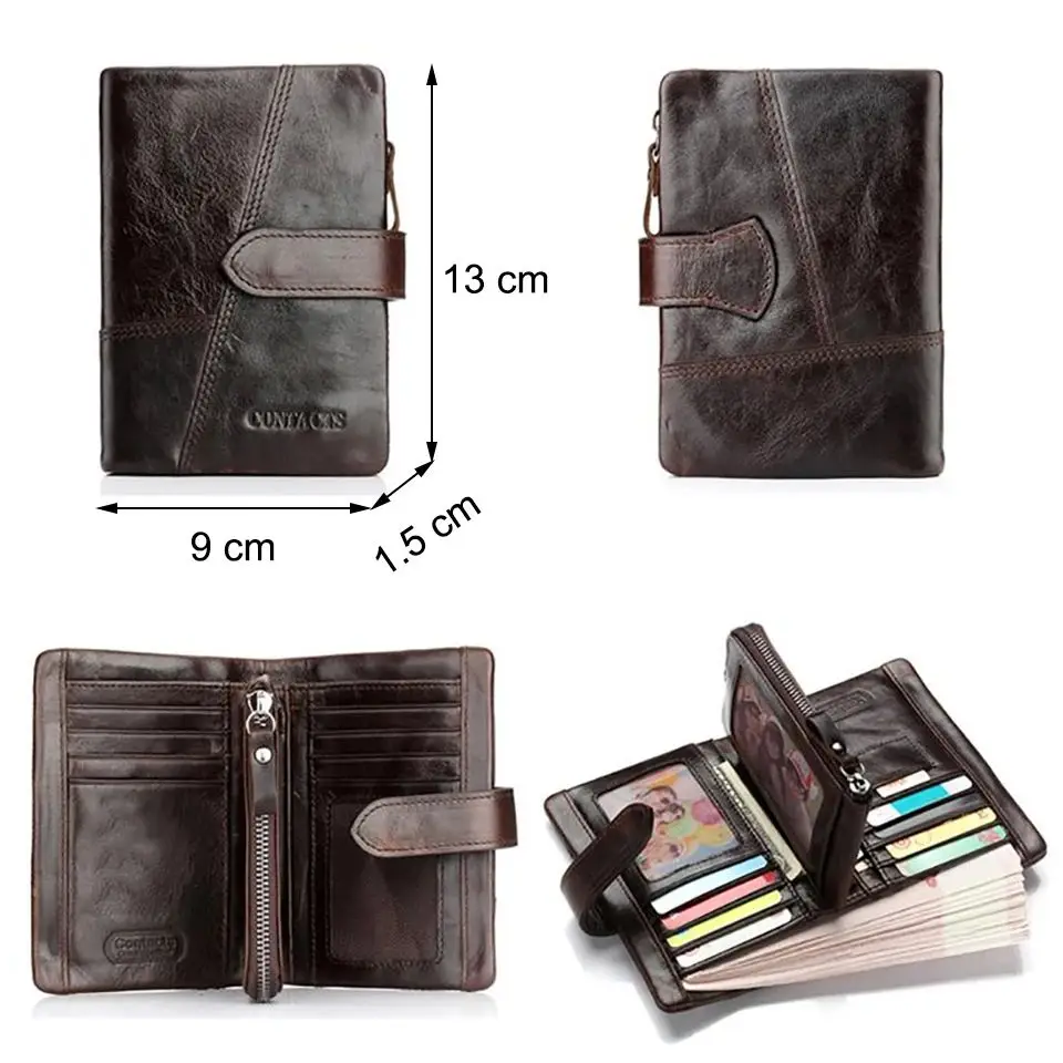CONTACT\'S Genuine Leather Men Short Wallets Hasp Bifold Card Holder Money Clip Coin Purse Retro Male Mini Wallets High Quality