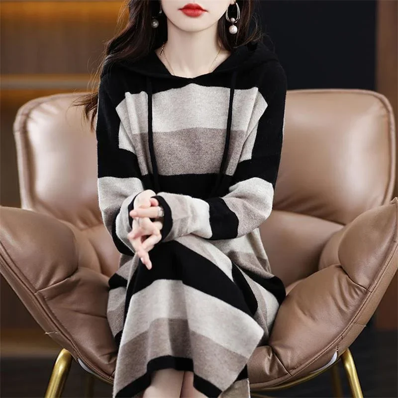 

Autumn Winter Women Hooded Dress Stripes Loose Long Section The Knee Sweater Dress Knitted Bottoming Dress CY383