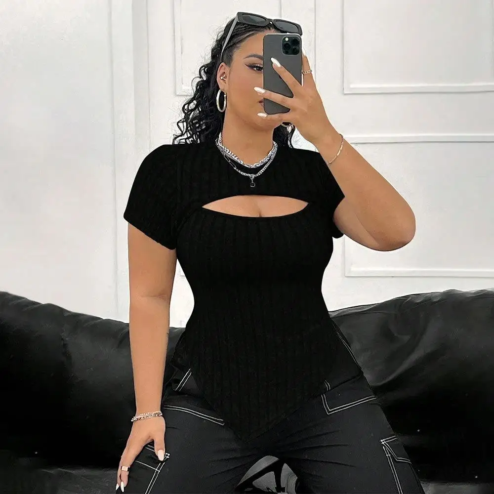

Large Size Women's Style T-Shirt Waist Cinching Simple Style Knitted Short Sleeve Pure Color Top for Ladies Winter Season