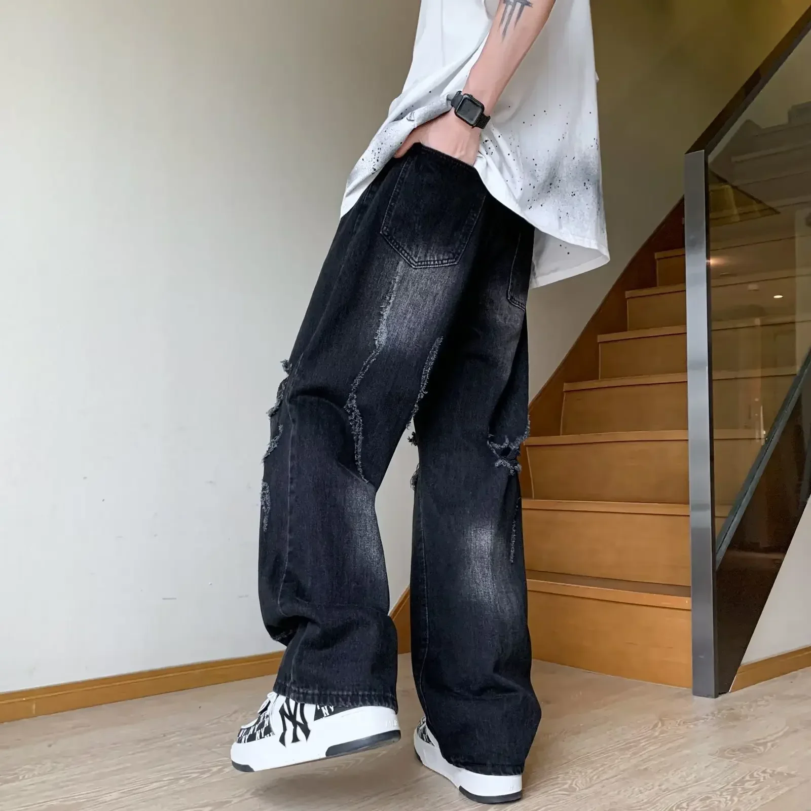 American Retro Washed Distressed Jeans for Men Korean Fashion High Street Hip-hop Loose Straight Leg Pants Y2k Japan Streetwear