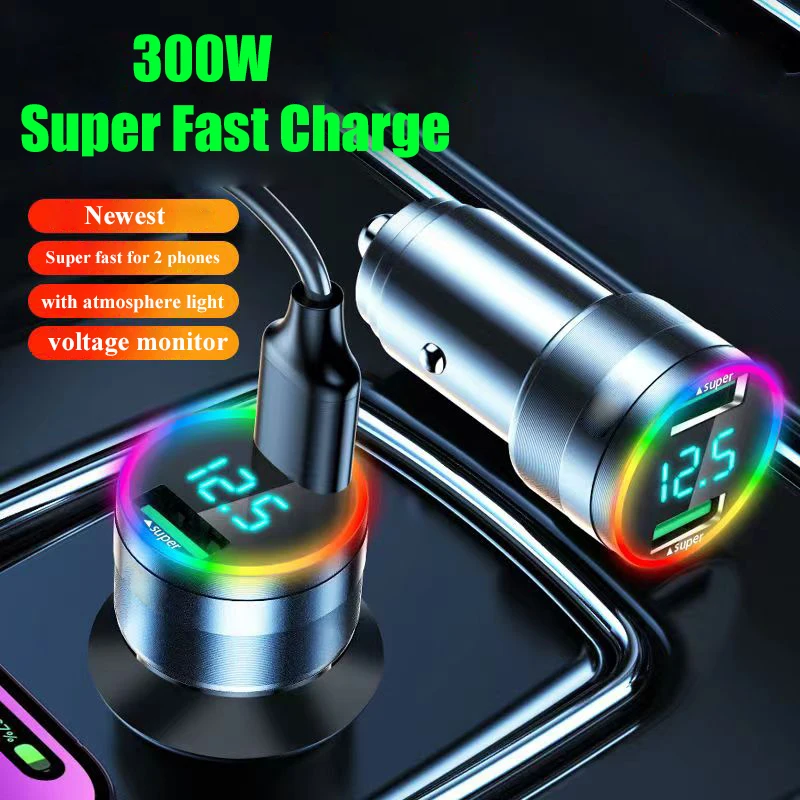 USB Car Charger Adapter Super Fast Charging in Car with Voltage Monitor LED Light Dual Port for iPhone Samsung Oneplus Huawei