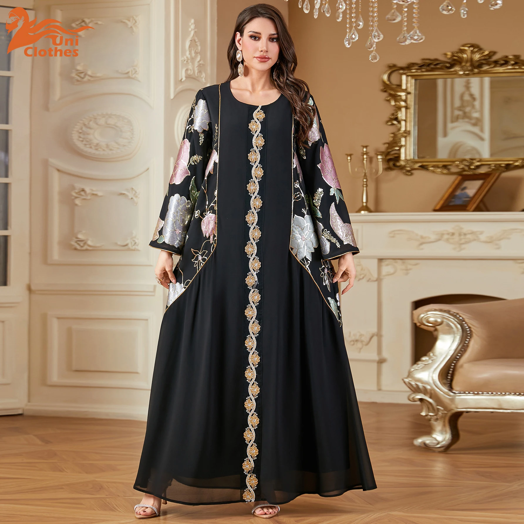 

UNI Eid Sequins Muslim Dress for Women Embroidery Party Long Dresses Robe Ramadan Dubai Kaftan Islam Vestidos Jalabiya 2025