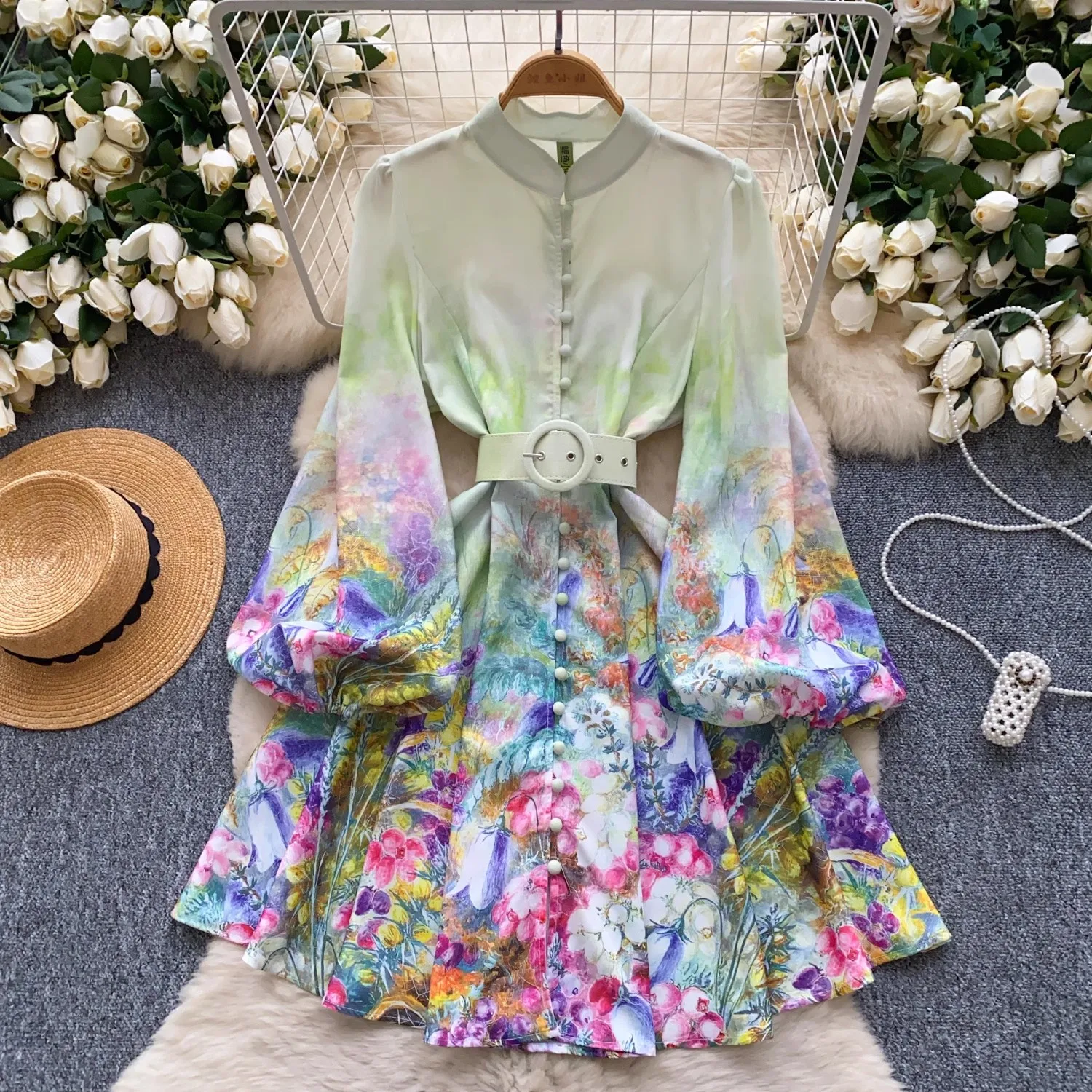 Lindo flor florescendo mini vestido feminino gola puff manga botões floral impressão rendas até cinto férias praia vestidos