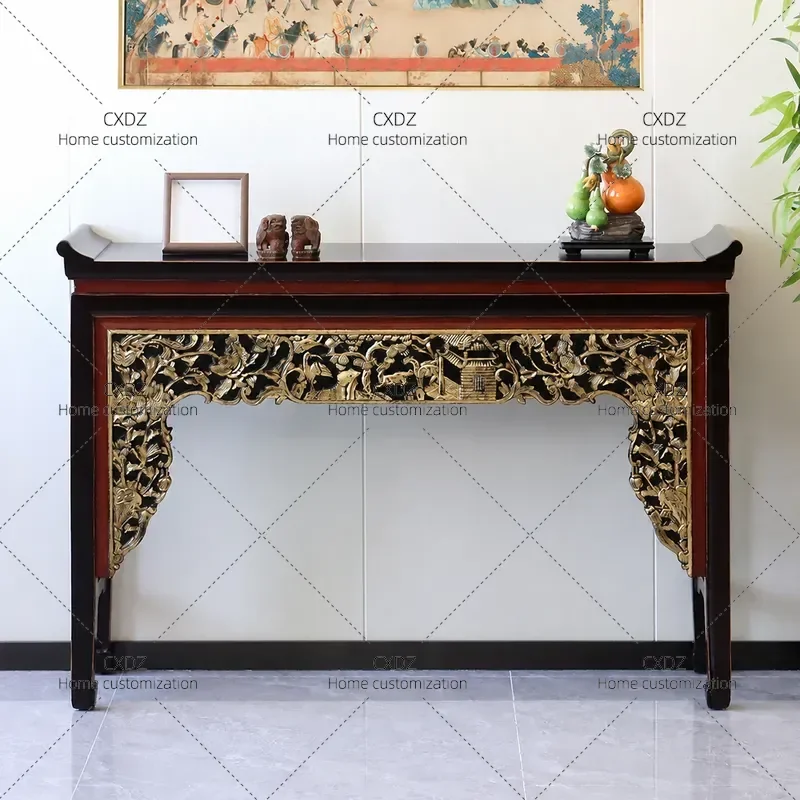 Retro Carved Gold Painted Solid Wood Console Table New Chinese Style Living Room Entrance Hallway Antique Buddha Tea Room
