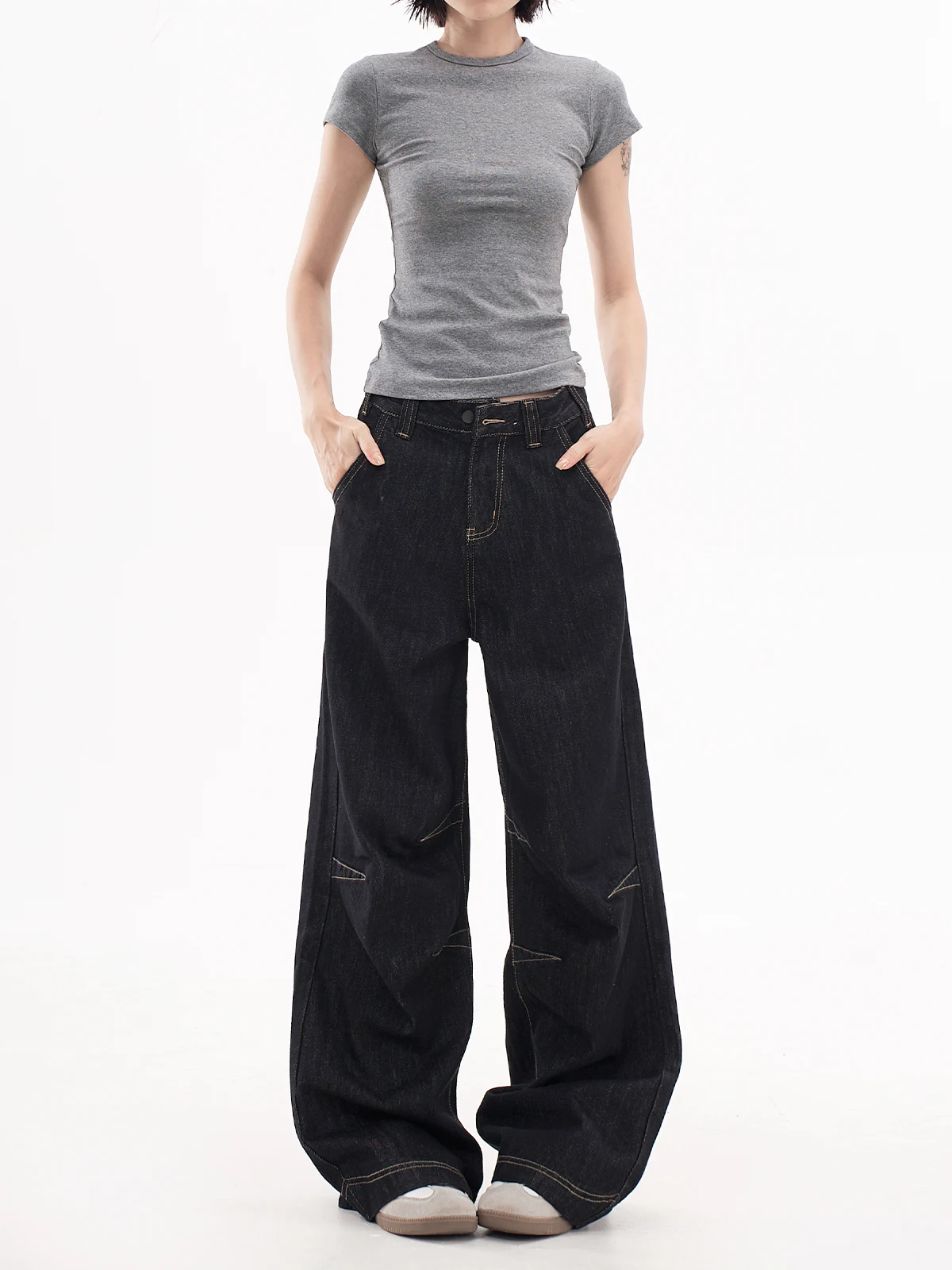 

AGUA2025 Мужские широкие джинсы в стиле ретро в американском стиле с широкими штанинами, свободная драпировка, модный глубокий цвет, весенний сезон