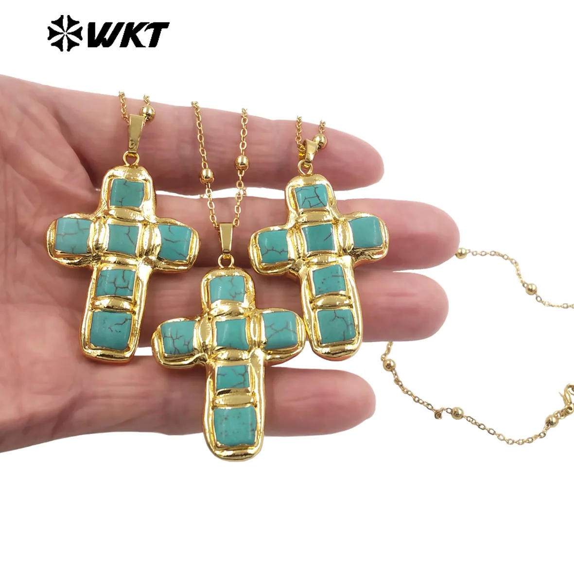 

WT-N1523 Wholesale 18K Gold Electroplated Natural Turquoise Stone Cross Pendant Necklaces For Women Vintage Style Jewelry