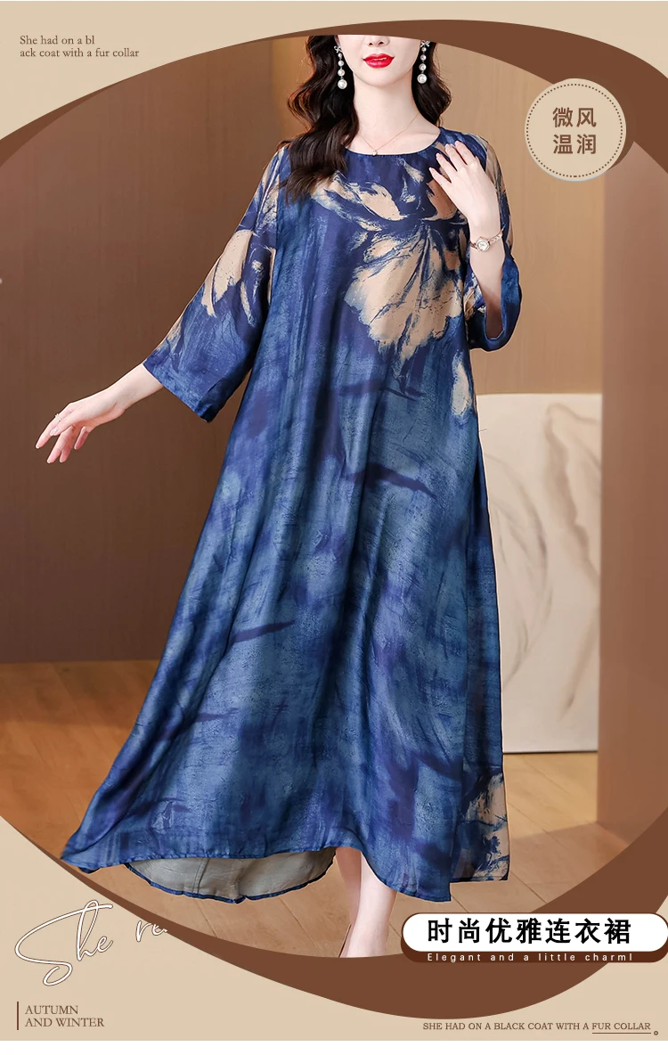 ヴィンテージプリントブルーシルクサテン高品質ドレスエレガントな女性のボディコン Vestidos 夏カジュアルプラスサイズミディドレス JJ15