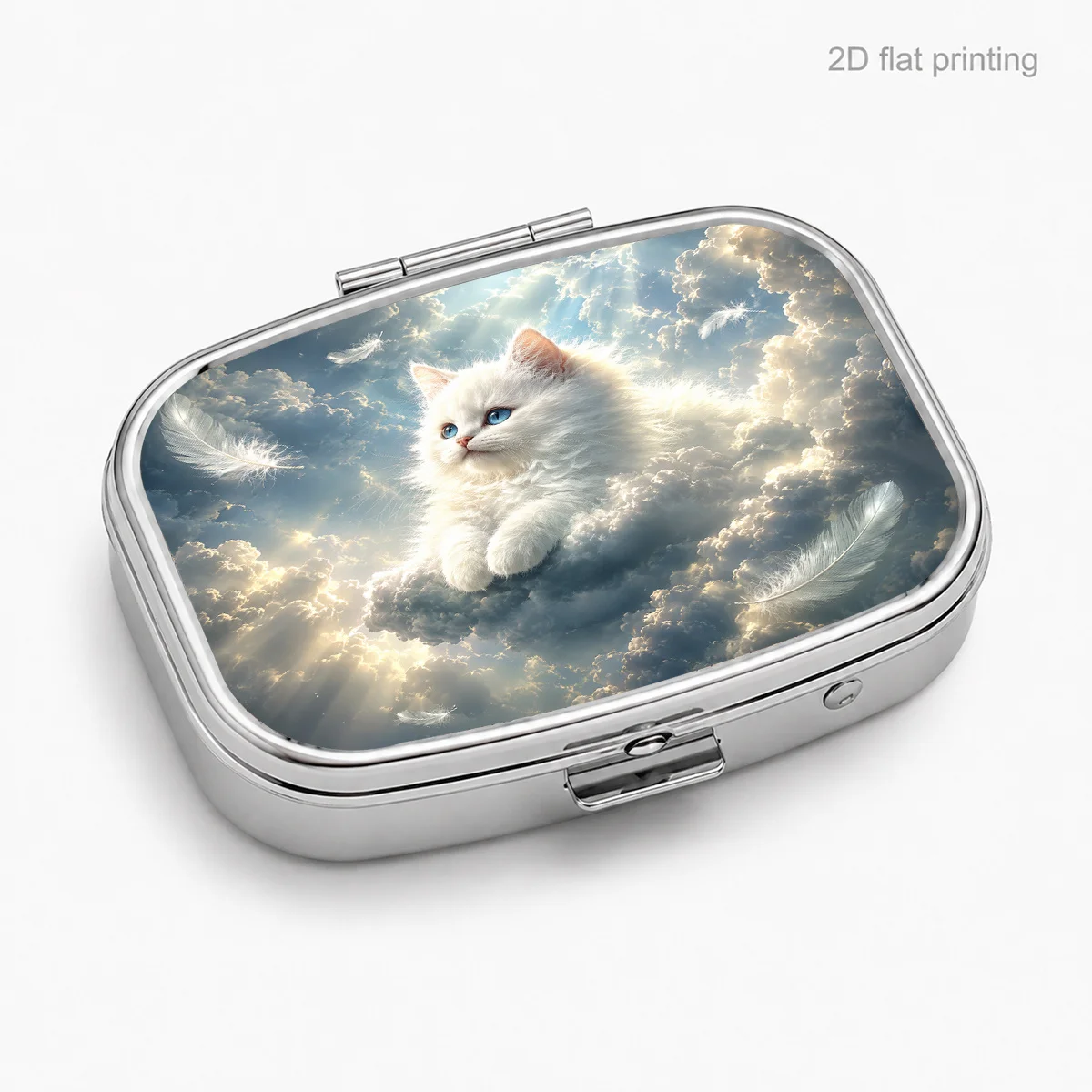 1 Piece, Flat, with Cloud-Feather White Cat Pattern, Portable Medicine Box for Daily Travel, Square Moisture-Proof Small Medicine Box, Multifunctional Storage Box for Vitamins and Nutritional Supplements, Small Jewelry Storage Box, Waterproof Medicine Box, Holiday Gift