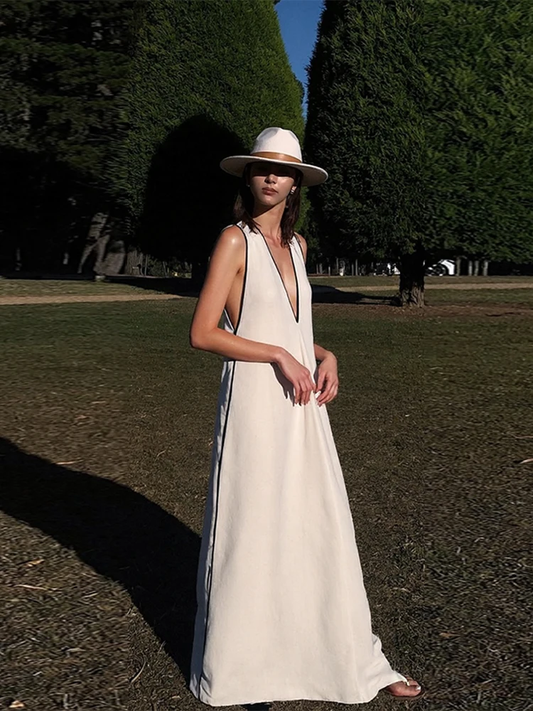 

Sexy Patchwork V-neck Women's Dresses Fashionable Sleeveless High Waist Loose Long Dress Female Summer Chic Casual Holiday