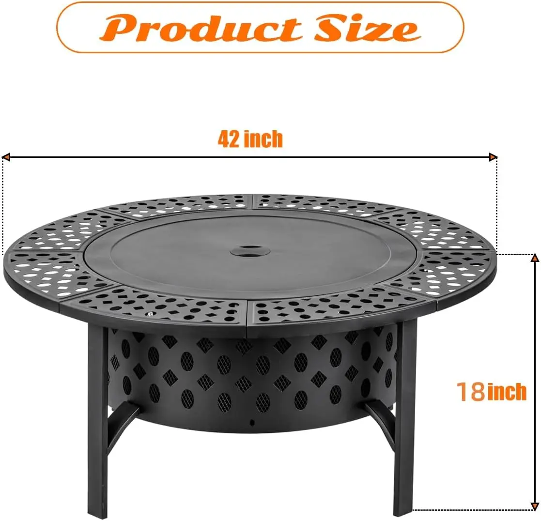 42 Inch Fire Pit with 2 Grills Lid & Poker, Heavy Duty Fire Pit,BBQ & Outdoor Fire Pit & Round Metal Table 3 in 1 for Patio