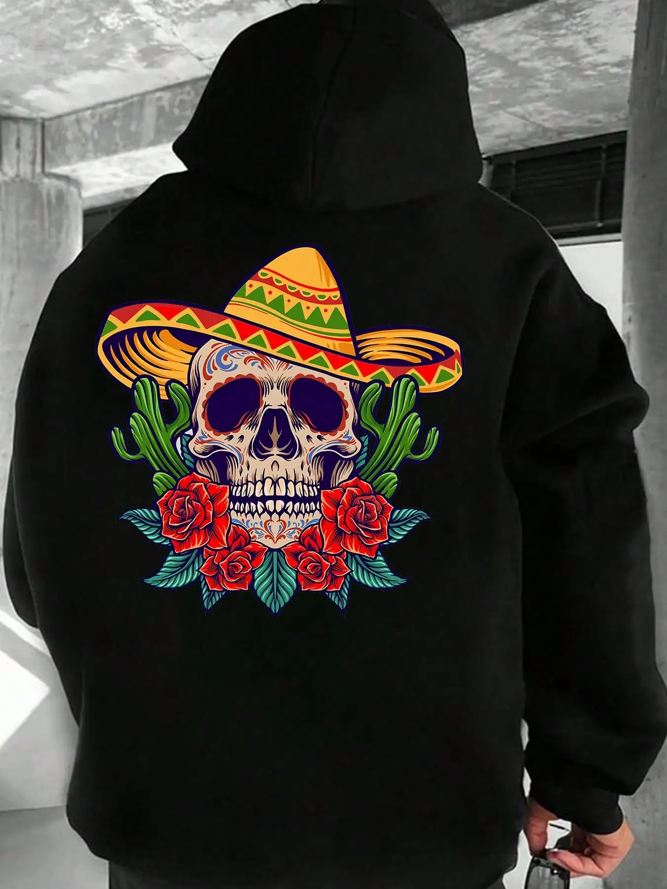 

Halloween & Day Of The Dead Skull Roses Printed Hooded Pullover Sweatshirt, Men's Causal Comfy Warm Autumn Winter Top Clothes