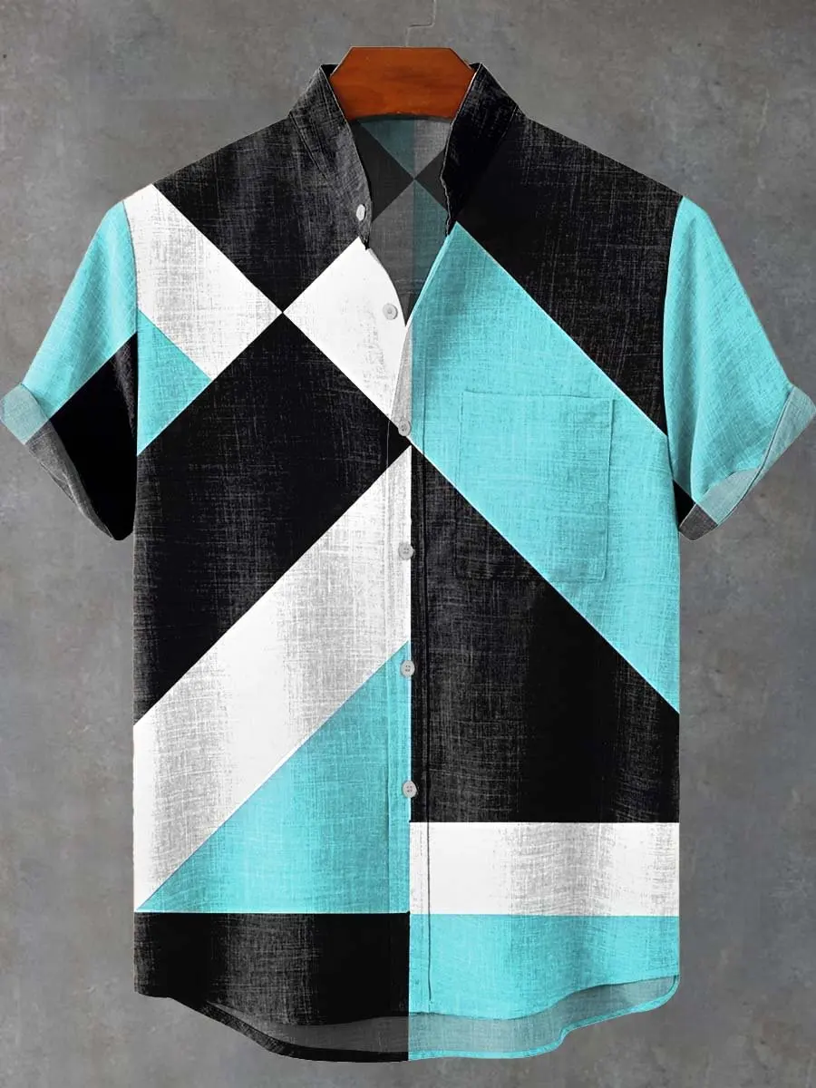 

2025 Men's Summer Short sleeved Linen Shirt Color blocked Geometric Printed High quality Button Top