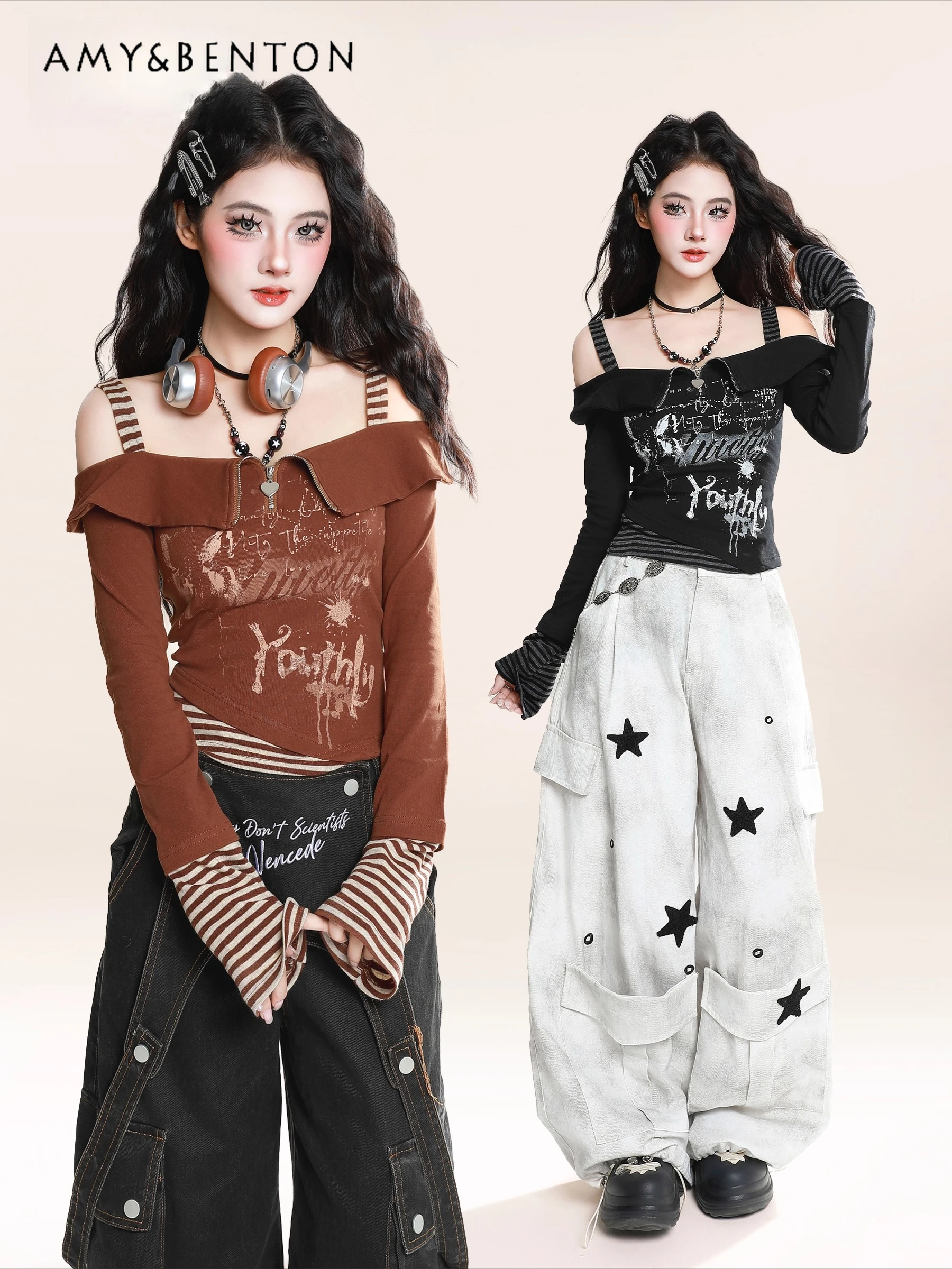

2025 Spring and Autumn New American Retro Black Brown Graffiti Print Off-Shoulder Strap Zipper Long Sleeve Short Slim T-Shirt