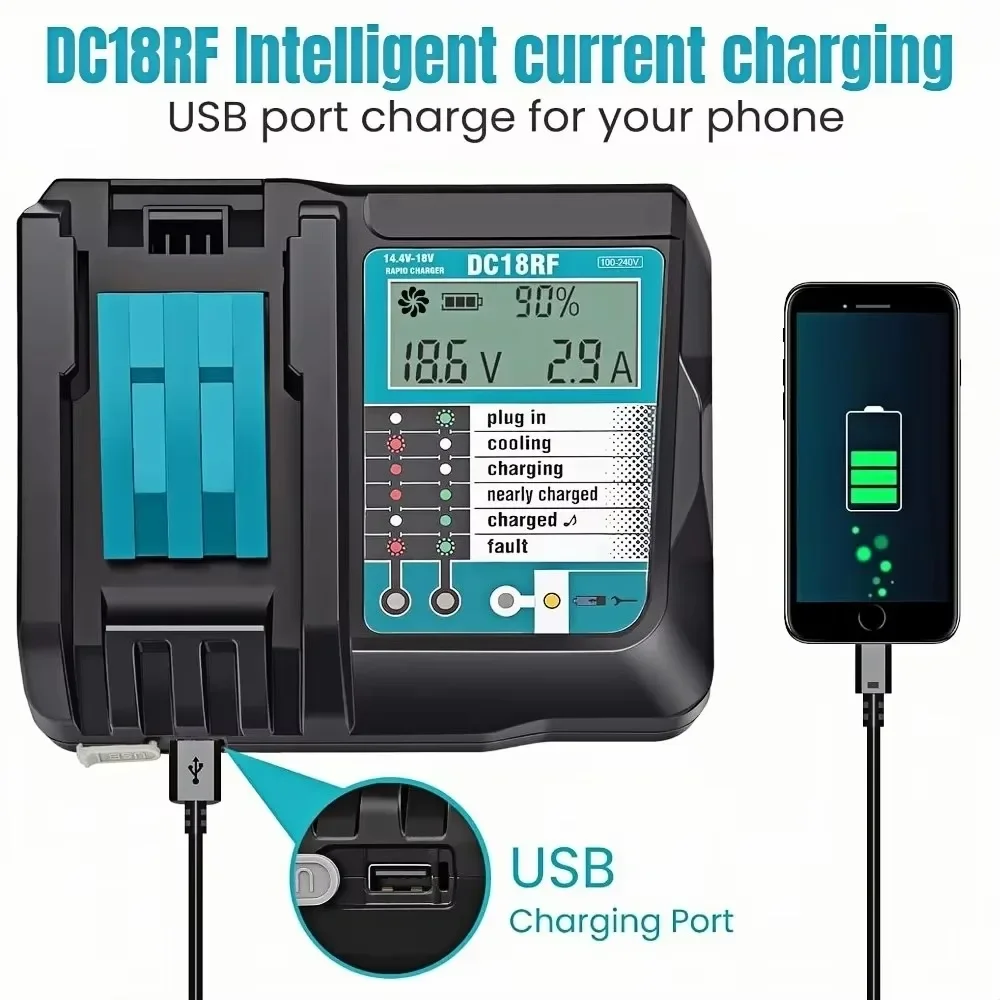 DC18RF Battery Charger For Makita 18V 14.4V LXT Lithium Battery LCD Display USB Port 3.5A Fast Charging