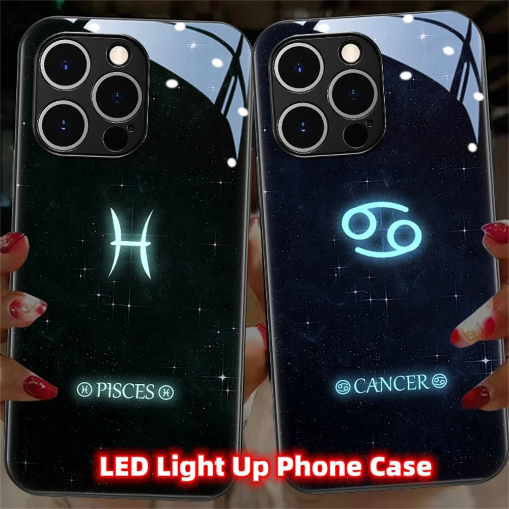 

Star Sign Smart LED Light Glow Tempered Glass Phone Case Back Cover For iPhone 15 14 13 12 11 Pro Max Mini X XS XR SE2020 8 Plus