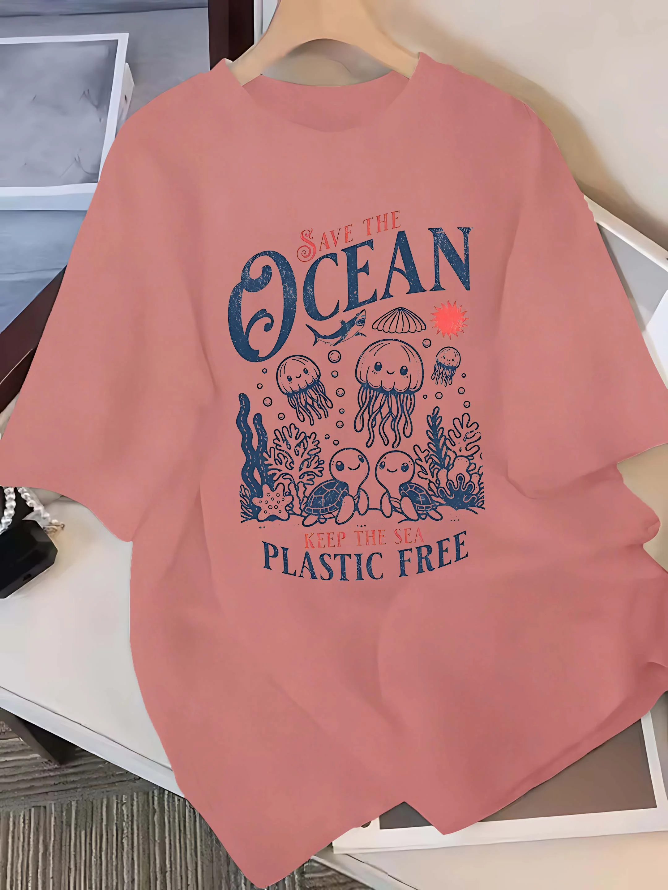 플러스 사이즈 6색 반소매 티셔츠: "SAVE THE OCEAN" 해양 생물 및 플라스틱 - 무료 그래픽