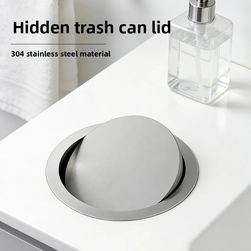 Flush Mount Stainless Steel Trash Can Pop Up Lid Garbage Bin for Kitchen Square Waste Container Swing Cover Built in Waste Bins