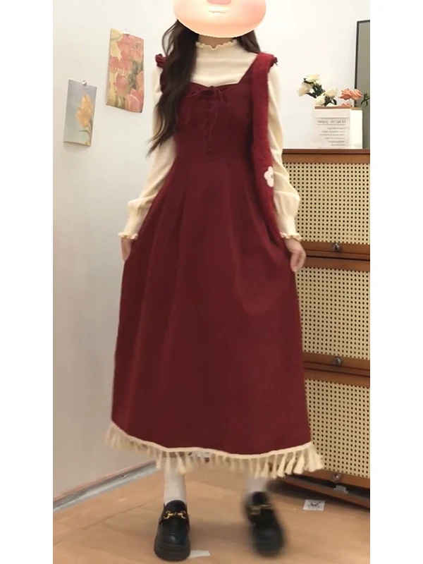 Elegant Red Tassel Vest Dress Two-Piece Set Layering Base Shirt College Style Fashion Women's Clothing Winter Season