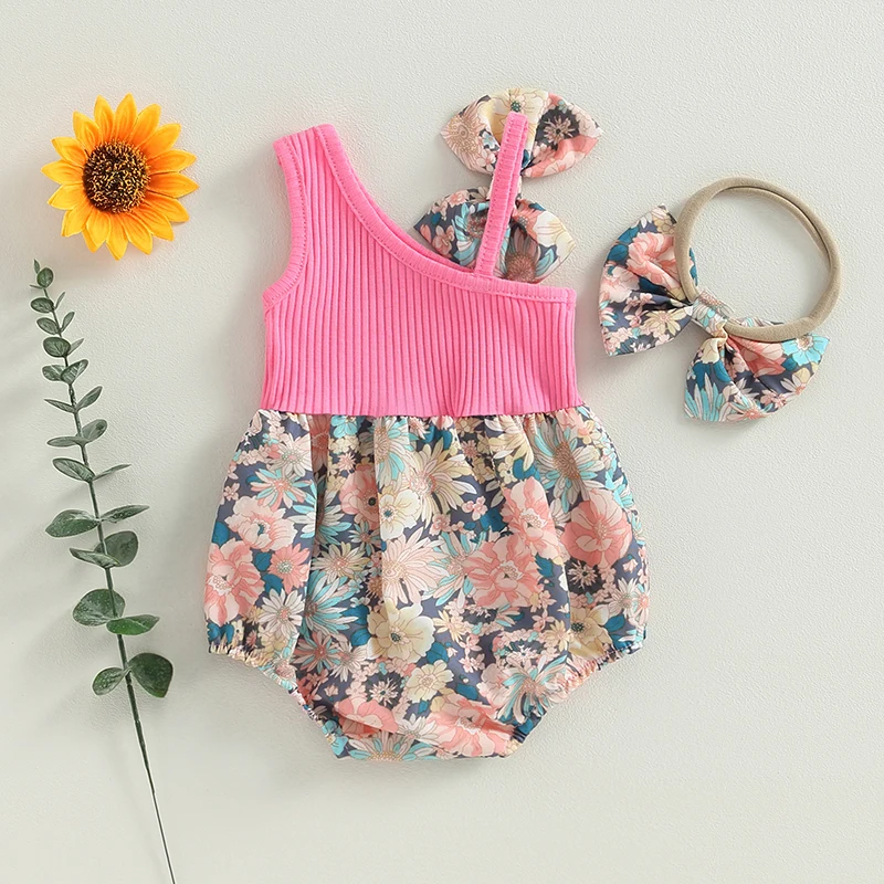 Newborn Infant Baby Girl Princess Rompers Floral Print One Shoulder Bow Jumpsuit Headband Sunsuit Baby Summer Clothing 0-18M