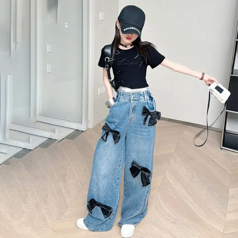 Autumn Winter Girls' High Waist Wide Leg Jeans Navy Denim Bow Trim Long Pant Sweet & Cool Style 2025 New Girls Clothes 4-13year