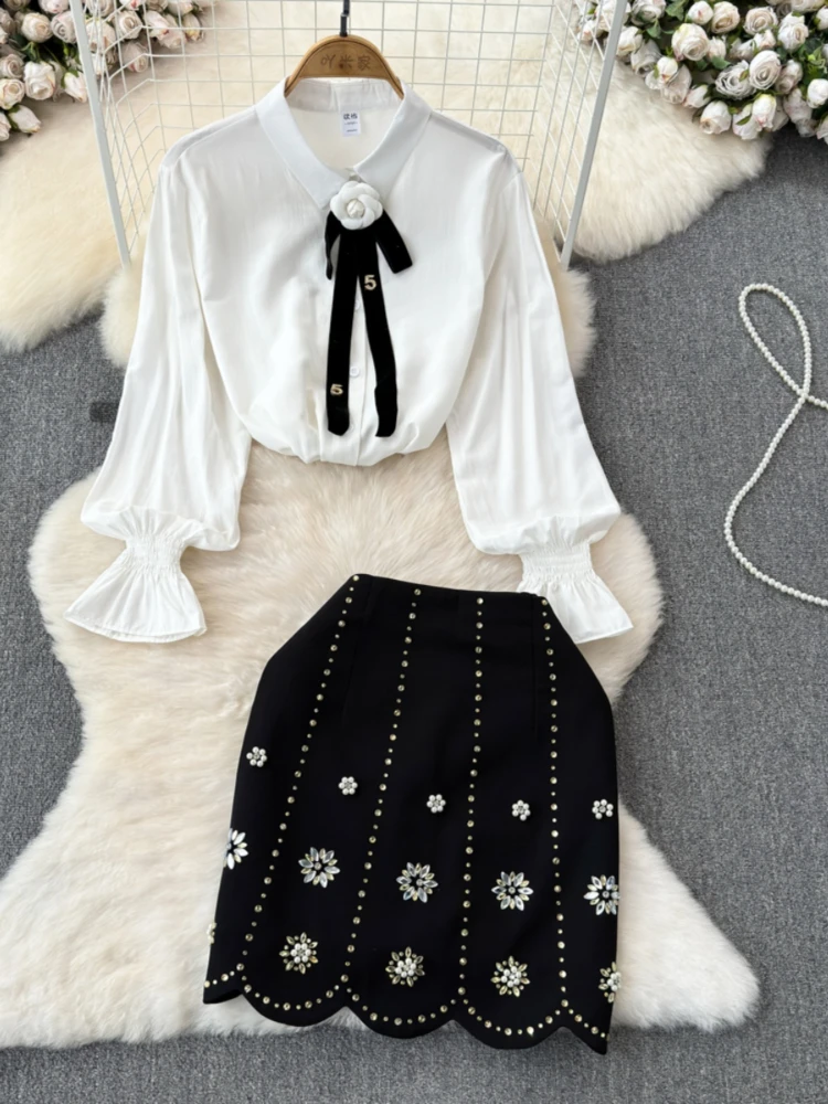

Two-Piece Set Retro Hong Kong Style Denim Long-Sleeved Jacket High-Waisted Skirt Leather Skirt Early Autumn Long-Sleeved Top