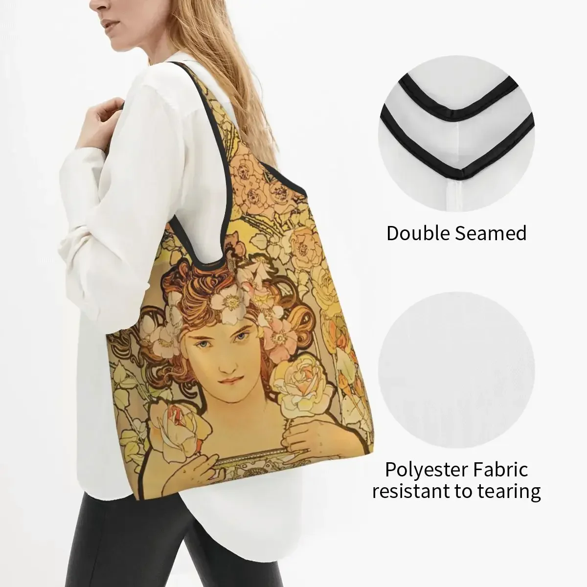 Alphonse Mucha Ablum Diary Grocery Bag Durable Large Reusable Recycle Foldable Heavy Duty Retro Beauty Women Shopping Eco Bag