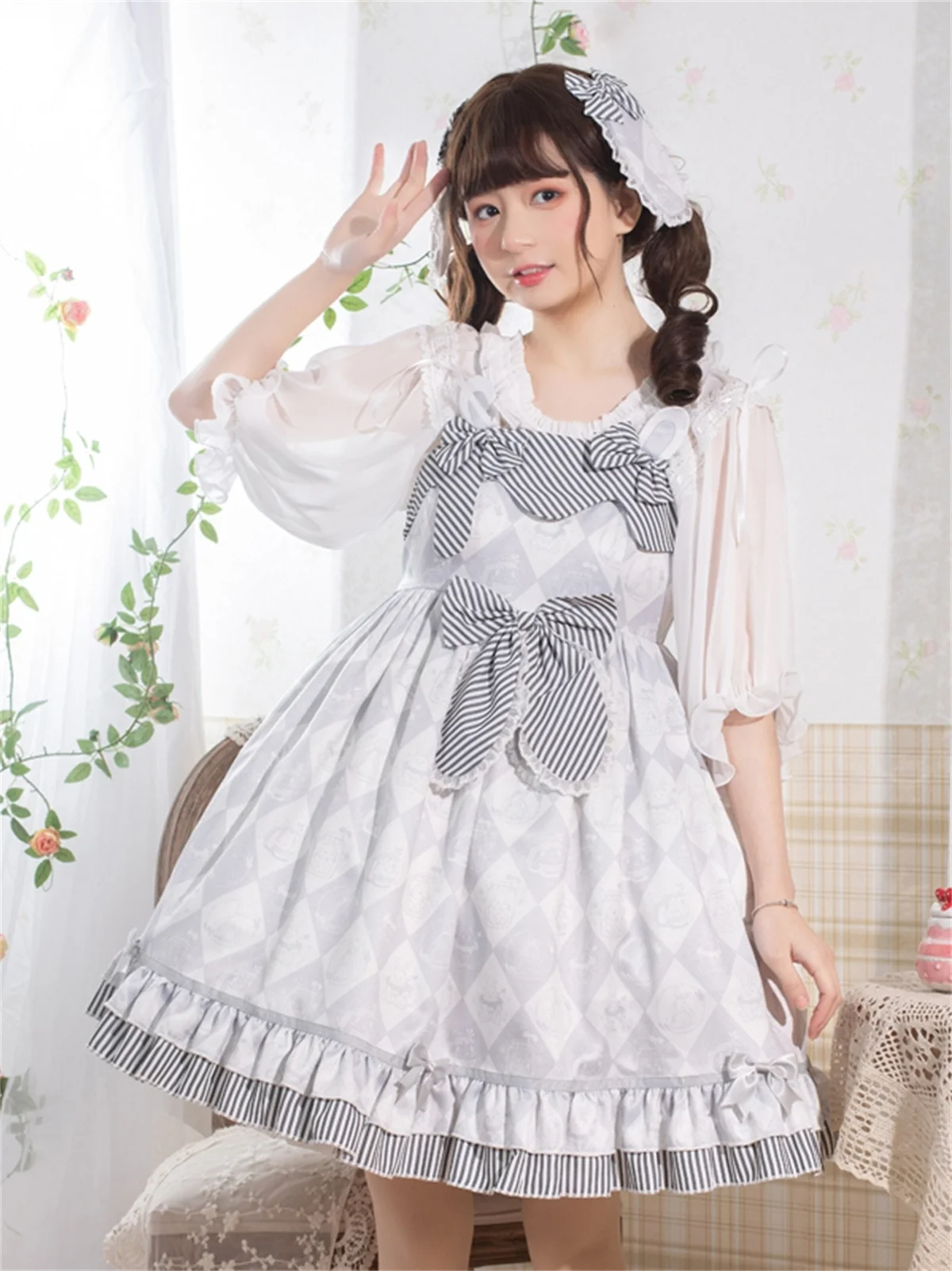 

Japanese Sweet Girls Cosplay Lolita Jsk Kawaii Printing Stripes Grid Mesh Ruffle Ribbon Bowknot Cute High Waist Dress