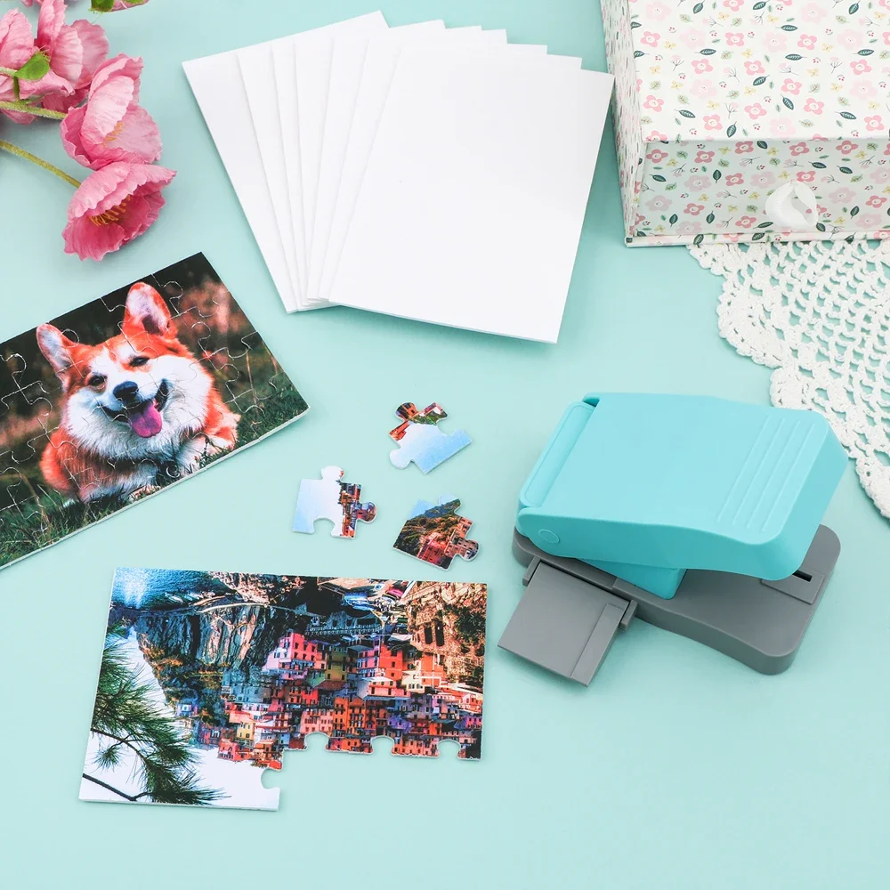 12,7 x 8 cm Puzzle-Papierstanzer, DIY-Puzzle-Herstellungsmaschine, einfacher Puzzle-Maker-Schneider mit 10 selbstklebenden Schaumstoffplatten, DIY-Spielzeug-Werkzeug