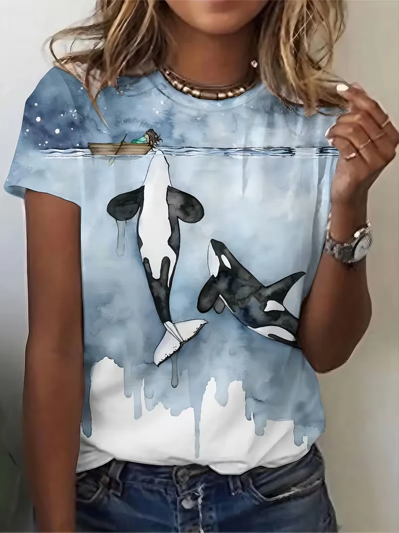 

Новая футболка с 3D-принтом «Группа китов в лунном ночном океане», художественная, для девочек, романтическая, с глубоководными мотивами, весенне-летняя коллекция