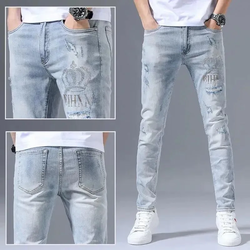 

2023 Spring and Autumn New Men's Classic Fashion Printed Elastic Blue Jeans Men's Casual Slim Comfortable High-Quality Trousers