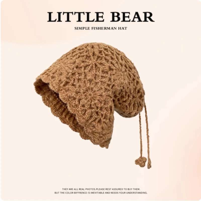 Niche Handmade Crochet Scarf Integrated Knitted Hat Women's Autumn and Winter Warm Neck Guard Drawstring Pullover Beanie Caps