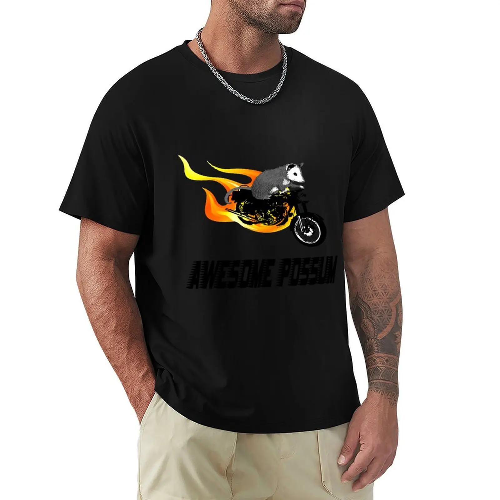 Possum Opossum riding Flaming Motorcycle T-Shirt Big Size Short Sleeve Tee for Men