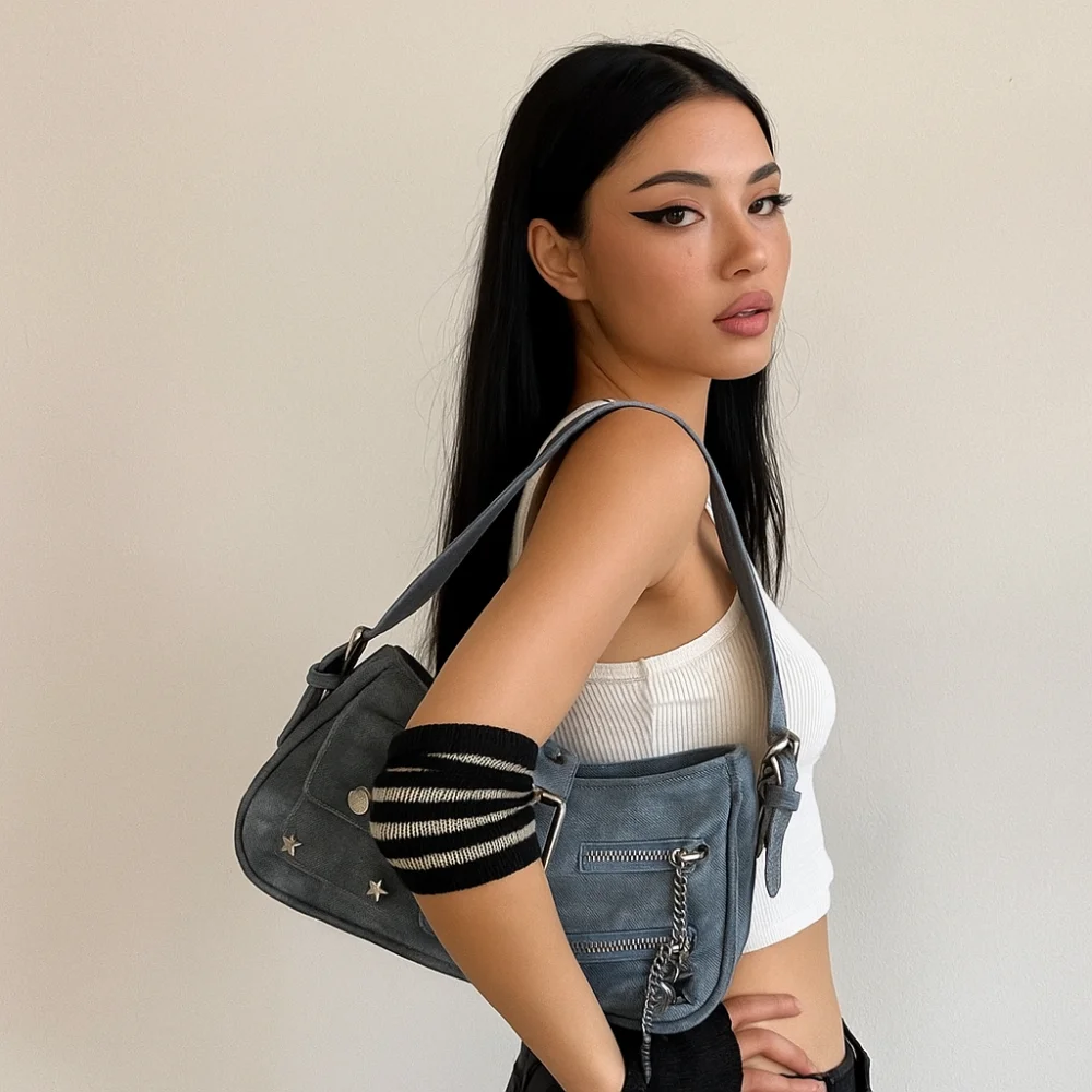 

Portable Handbag Y2K Underarm Bag Star Rivet Spicy Girl Shoulder Bag Armpit Bag Retro Crossbody Bag Streetwear