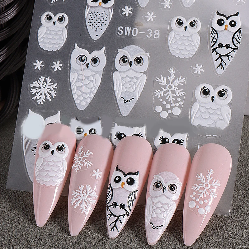 5d Reliëf Kerst Uil Nagel Sticker Stickers Zelfklevende Sliders Winter Manicure Decoratie