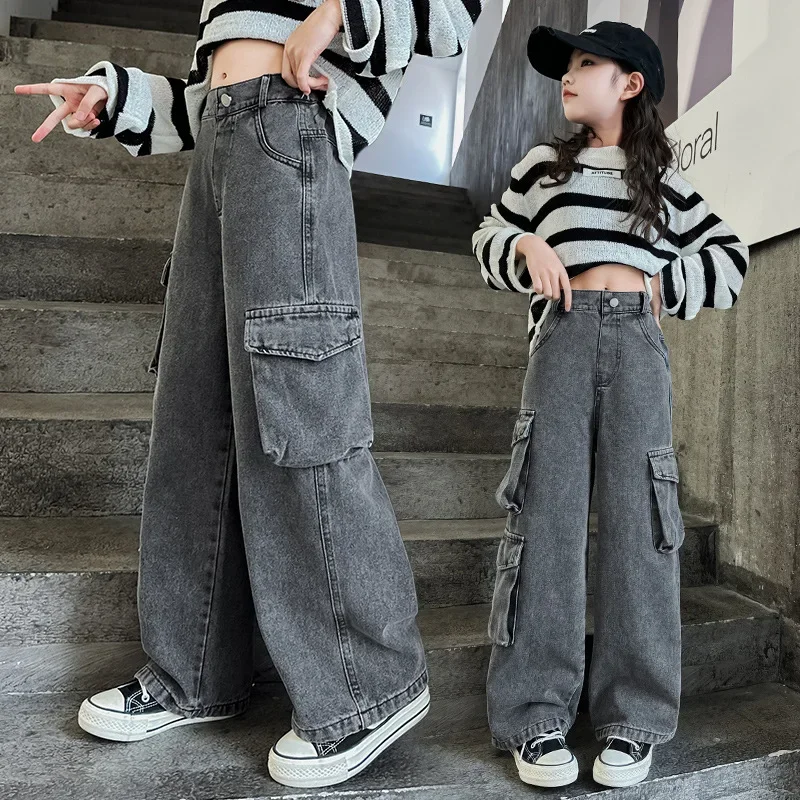 Kids Casual Denim Pants Teenage Girls Wide Leg Cargo Jeans 2024 Autumn Fashion School Young Children Straight Baggy Trousers 15Y