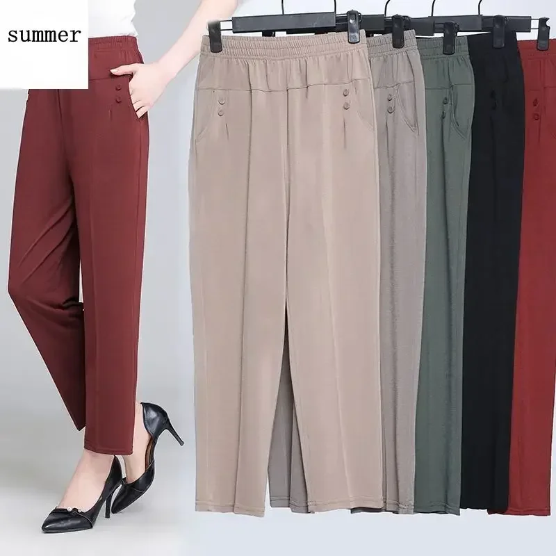 2022 Middle Aged and Old Women Spring Summer Pant Thin Elastic Waist Loose Cotton Mother Long Casual Trousers Plus Size M-3XL