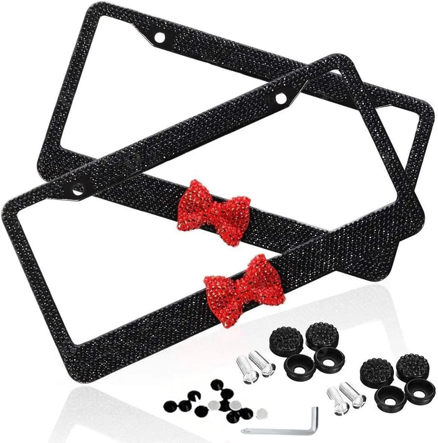 

2 Pack Sparkly Black Crystal License Plate Frames with Bow Tie, Anti-Theft Screws for Women's Cars